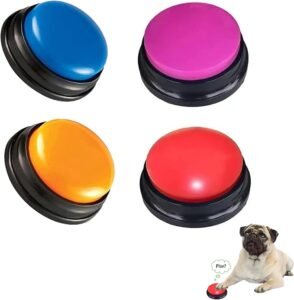 Picture with a dog and four buttons (blue, pink, yellow and red) used for training and dogs to be able to speak.