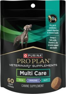 Black and green with gold writing purina pro plan veterinary supplements multi care for skin immune and gut dog treats