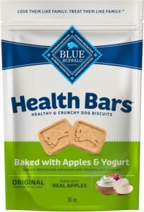 Blue Buffalo health bars healthy & crunchy dog bisquits blue white and green bag. baked with apples and yogurt