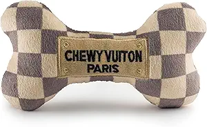 picture of a bone shaped dog toy with chewy vuttton paris with brown and tan checkers