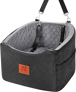 Picture of a black outside with gray inside soft and cozy bucket like dog seat. With two black straps to hold dogs in and safe.
