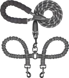 A picture of a gray white and black dual dog leash with 360 swivel no tangnle