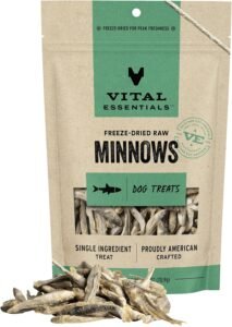 Brown packaging of Vital essential freeze dried raw minnows dog treat.