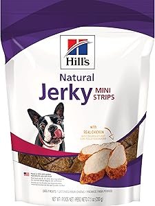 white and purple bag showing hills natural mini strip jerky for dogs.
