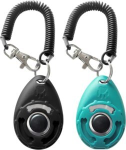 A picture of a black and turquoise blue Pet training clickers with black wrist strap