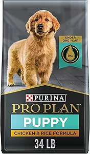 black bag with multi colored writing stating purina pro plan puppy chicken & rice formula with a puppy on front