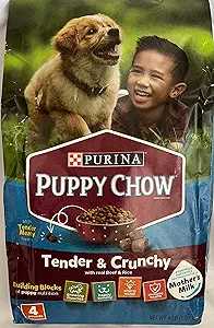 bag of purina puppy chow tender ^ crunchy with a picture of a puppy and young boy.