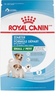 bag of royal canin starter mother and babydog food for small dog. colors are white, with blue accents and red and white letters.