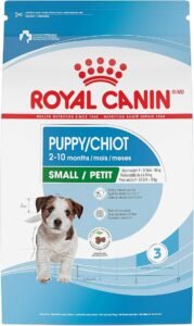bag of royal canin food for small dog. colors are white, with blue accents and red and white letters.