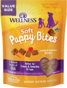 Yellow and purple packaging with white wording stating soft puppy bites. dog treats.