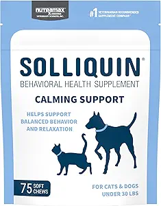 Blue and white packaging Sollilquin behavioral health supplement calming support for cats and dogs