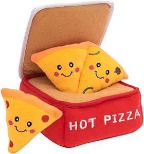 CLICK HERE. ZippyPaws Burrow Puzzle Plush Dog Toy, Interactive Squeaky Toy for Enrichment, Hide and Seek Game for Small to Medium Dogs, Pizza Box