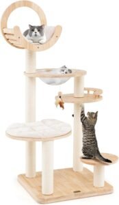 CLICK HERE. PETSITE 57 Inches Tall Wooden Cat Tree, Multi-Level Cat Tower with Scratching Posts, Space Capsule Bed, Padded Platform and Hanging Ball, Modern Transformable Cat Tree Tower for Indoor Cats Large