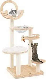 CLICK HERE. PETSITE 57 Inches Tall Wooden Cat Tree, Multi-Level Cat Tower with Scratching Posts, Space Capsule Bed, Padded Platform and Hanging Ball, Modern Transformable Cat Tree Tower for Indoor Cats Large