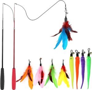 CLICK HERE. #1 BEST SELLER. Interactive Cat Toys - Retractable Wand Toy and Feather Toys Refills for Indoor Cats to Chase and Exercise 1. KEEP CATS VERY ENTERTAINED : Cats are crazy about chaser games! Combine string and feather into a great cat toys for indoor cats, this cat toy is an irresistible lure for cats! Swing the feathers " cat lure " will get your cats excited and stimulate their natural " hunt instinct ", making them run and jump like a wild animal, driving your cats crazy with joy! Even adult cat play like a kitten again! 2. CLASSIC PRACTICAL INTERACTIVE CAT TOY : This cat wand toy can really get your cats to do a lot exercise while entertainment, release their energy, feeling happy and relaxed. Also it's fun to watch cats go nuts for this cat feather toy . Spend some quality time with your feline friend, your companionship and interaction are the happiest things in their lives