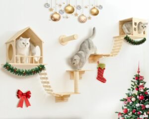 CLICK HERE. Cat Wall Shelves, Wall Mounted Cat Climbing Shelves, Wooden Cat Furniture with 2 Cat Condo Houses, 3 Cat Perches, 2 Bridge Ladders and 2 Scratching Posts