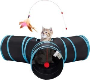 CLICK HERE. AMAZON'S CHOICE. Pet Cat Tunnel Tube Toys 3 Way Collapsible, Tunnels for Indoor Cats，Kitty Bored Peek Hole Toy Ball Cat, Puppy, Kitty, Kitten, Rabbit Best Ways to Play: Our cat tunnel with 3 spacious tunnels, peephole & ball toy, this popular cat toy gives your kitty more ways to have fun. Provides hours of exercise & self-amusement. This cat tunnel is more suitable for kittens and is made of polyester material. Durable Construction: This cat tunnels for indoor cats use polyester fabric material design, not easy to scratch, sturdy spring steel frame, with protective end, Can play hide and seek game. Collapsible & portable: Our cat tunnel folds down small in seconds for easy travel and storage. Each tube is about 10 inches tall and 17 inches deep.Take the entertainment with you anywhere, so your pet is never bored!