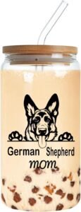 German Shepherd Mom Drinking Glass Cup 16 Oz with Bamboo Lid and Straws, Iced Coffee Beer Glass Tumbler, Holiday Christmas Birthday Gift for Mom Mama Grandma Nana Wife Dog Lover