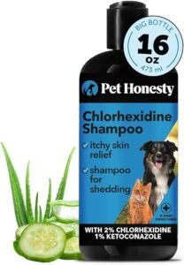 CLICK HERE. Pet Honesty Chlorhexidine Cat & Dog Seasonal Itch Relief Shampoo, for Allergies, Itching, Dog Skin and Coat Supplement, Helps Shedding, Hot Spots, Deodorizing Dog Shampoo, Dog Grooming Supplies,16oz
