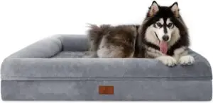 Orthopedic washable large dog bed with plush surface and anti-slip bottom.