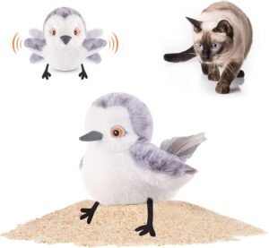 CLICK HERE. #1 BEST SELLER. Cat Toys Flapping Bird (No Flying), Lifelike Sandpiper Chirp Tweet, Rechargeable Touch Activated Kitten Toy Interactive Cat Exercise Toys for All Breeds Cat Kicker Catnip Toys 4.0"Interactive Fun between Cats and Humans: With the hanging rope design, you can simply hook the bird to a cat wand (not included) and tease cats with a dangling toy like a real flying bird. The bond and intimacy will be enhanced through interactive play between furry friends and cat onwers Self Play for Cats: Every time your feline touches this cat kicker toy, the automatic built-in motion sensor kicks into action and the cat teaser toy flaps like a real sandpiper, intriguing your cat to kick and play. Perfect Thanksgiving, Christmas and New Year gift for pets