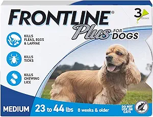 Flea & Tick Prevention For Dogs. 8 CLICK HERE. AMAZON'S CHOICE Frontline Plus Flea and Tick Treatment for Medium Dogs Up to 23 to 44 lbs. 3 Treatments Keep your dog protected from fleas & ticks all month long with FRONTLINE Plus for Dogs a fast-acting, waterproof flea & tick topical that's proven to kill fleas, flea eggs, flea larvae, chewing lice, and ticks that can transmit Lyme disease Break the flea life cycle with FRONTLINE Plus, specially formulated with fipronil and (S)-methoprene to kill existing adult fleas, flea eggs and flea larvae to guard against further infestations for flea control Trusted by pet owners for over 20 years, FRONTLINE Plus for Dogs can be used on puppies as young as eight weeks old, weighing 5 pounds or more, and is easy to apply with one monthly dose providing protection from fleas & ticks for a full 30 days