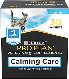 Cat Anxiety Relief 9 CLICK HERE. AMAZON'S CHOICE. Purina Pro Plan Veterinary Supplements Calming Care Cat Supplements - 30 ct. Box. Number 1 veterinarian-recommended cat probiotic brand to support calm behavior (Kantar Veterinary Tracker, 2021), making it an excellent cat supplement Cat calming products with a proprietary use of probiotic strain BL999 to help cats maintain calm behavior Probiotics powder has shown improvement in cats displaying anxious behaviors such as pacing