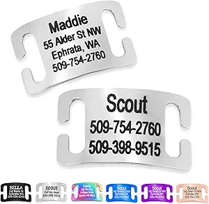 CLICK HERE. GoTags Slide-On Pet ID Tags, Curved Personalized Dog and Cat, Silent, No Noise Stainless Steel, Custom Engraved in 4 Sizes for Large and Small Pets, Silver