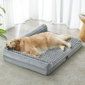 Large orthopedic waterproof dog bed for big dogs, with bolster and washable cover.