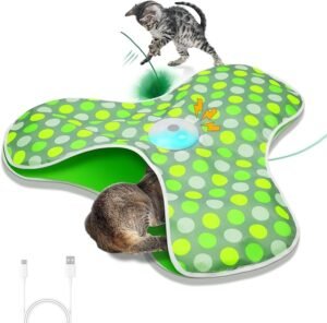 CLICK HERE. Interactive Cat Toy, Automatic Cat Toys for Indoor Cats, Hide and Seek Cat Toy with Motion Activated, Moving Feather, Chirping, USB Rechargeable Electronic concealed motion cat toy - Sofolor's interactive cat toy consists of a cat mat and a moving feather wand, like an ambush hide-and-seek game. Fluffy feathers move randomly under the mat, inviting the cat to explore and pounce, releases energy. Upgrade: The mat is double-layered, allowing feathers to move more stealthily and increase interest Smart wake-up features - While 5 mins working times up, toy enter standby mode, pets could make toys activate by paw's touch, motion activated cat toy will help interacts cats when you are out, enriching your pet's daily life