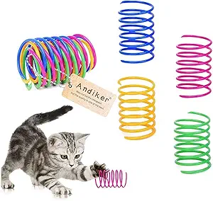CLICK HERE. AMAZON'S CHOICE. Cat Spiral Spring, 12 Pc Cat Creative Toy to Kill Time and Keep Fit Interactive Cat Toy Sturdy Heavy Plastic Spring Colorful Springs Cat Toy for Swatting, Biting, Hunting Kitten Toys 4 Bright Colors: Cats like bright colors. Our cat plastic springs are composed of 4 classic colors of yellow, green, pink( some are red) and blue, which attracts the cat's attention Sturdy and Long-lasting: This kitty Spiral Springs are made of quality plastic. The thick 1.8mm spring toy makes cats bite freely