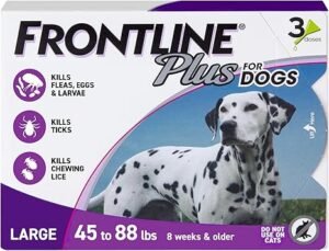 Flea & Tick Prevention For Dogs. 7 CLICK HERE. AMAZON'S CHOICE. Frontline Plus Flea and Tick Treatment for Large Dogs Up to 45 to 88 lbs. 3 Treatments Keep your dog protected from fleas & ticks all month long with FRONTLINE Plus for Dogs a fast-acting, waterproof flea & tick topical that's proven to kill fleas, flea eggs, flea larvae, chewing lice, and ticks that can transmit Lyme disease Break the flea life cycle with FRONTLINE Plus, specially formulated with fipronil and (S)-methoprene to kill existing adult fleas, flea eggs and flea larvae to guard against further infestations for flea control Trusted by pet owners for over 20 years, FRONTLINE Plus for Dogs can be used on puppies as young as eight weeks old, weighing 5 pounds or more, and is easy to apply with one monthly dose providing protection from fleas & ticks for a full 30 days