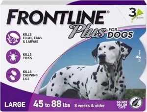 Box of FRONTLINE Plus for Dogs flea and tick treatment for large dogs weighing 45 to 88 lbs. The package contains 3 doses and is intended for dogs 8 weeks and older. It states it kills fleas, flea eggs, flea larvae, ticks, and chewing lice. Features a Dalmatian on the front and a warning not to use on cats.