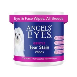 CLICK HERE. AMAZON'S CHOICE. ANGELS' EYES Gentle Tear Stain & Pet Eye Wipes for All Dogs & Cats Textured Grooming Wipes Remove Discharge & Mucus, Reduce Tear Stains, Hypoallergenic with Aloe & Chamomile, 100ct