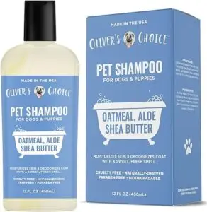 CLICK HERE. AMAZON'S CHOICE. Dog Shampoo with Oatmeal and Aloe. Shea Butter for Smelly Dogs, Puppy Shampoo by Oliver's Choice 14 oz