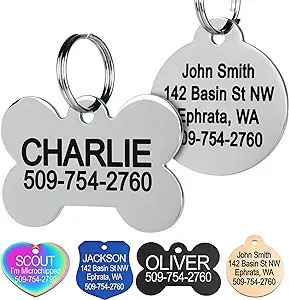 CLICK HERE. #1 BEST SELLER. GoTags Stainless Steel Pet ID Tags, Personalized Dog Tags and Cat Tags, up to 8 Lines of Custom Text, Engraved on Both Sides, in Bone, Round, Heart, Bowtie and More (Dog Bone, Regular (Pack of 1))