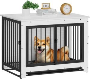 CLICK HERE. Dog Crate Furniture, Dog Crate End Table for Medium and Large Dogs,Wooden Cage Kennel Furniture Indoor, Modern Dog Crate with Multi-Purpose Removable Tray, Double-Doors Dog Furniture, White