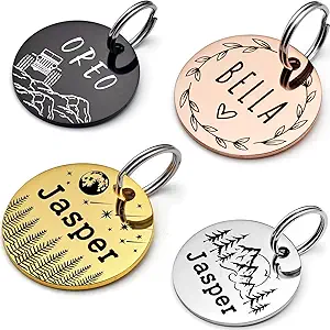 CLICK HERE. Custom Dog Tags, Funny Double Sided Deep Engraved Stainless Steel Pet Id Tags for Dogs, Cat & Dog Collar Charm, Lightweight Sturdy Cute Cat Id Tags, Personalized Dog Name Tags (Round)