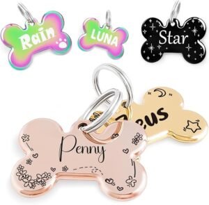 CLICK HERE. Flower Crown Pattern Art Design - Customizable Bone Cats Dogs ID Tags - Stainless Steel Deep Engraving (Bone)