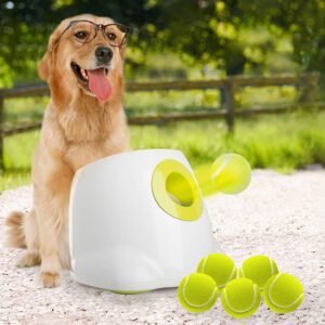 CLICK HERE. ALL FOR PAWS Automatic Dog Ball Launcher for Medium to Large Dogs, Interactive Dog Ball Thrower Mental Stimulation Dog Toys, Dog Tennis Ball Machine with Standard Tennis Balls, Rechargable & Reliable