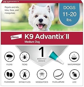 Flea & Tick Prevention For Dogs. 12 CLICK HERE. K9 Advantix II Medium Dog Vet-Recommended Flea, Tick & Mosquito Treatment & Prevention | Dogs 11-20 lbs. | 1-Mo Supply K9 Advantix II Medium Dog 30-day treatment & prevention protects dogs 11-20 lbs. from fleas, ticks, mosquitoes, biting flies and lice Kills fleas within 12 hours of application Vet-recommended formula kills & repels on contact so fleas donāt have to bite your dog to die Easy-to-apply topical treatment is fragrance-free and waterproof after 24 hours No prescription needed