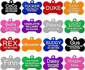 CLICK HERE. AMAZON'S CHOICE. Providence Engraving Pet ID Tags in 8 Shapes, 8 Colors, and Two Sizes - Personalized Dog and Cat Tags with 4 Lines of Customizable Text