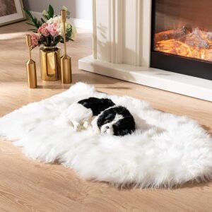 CLICK HERE. Faux Fur Dog Rug Plush and Fluffy Dog Mat Ultra Cozy Pet Throw Rug for Dogs Cats, Luxury Soft Faux Sheepskin Chair Cover Seat Pad Shag Fur Area Rugs for Bedroom, White, 24 by 36 inches