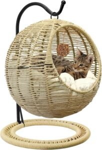 CLICK HERE. Hand-Woven Wicker Cat Bed, Hanging Basket Cat Swinging Bed for Indoor Outdoor, Hand Made Rattan Cat Nest Basket with Removable Cushion Khaki