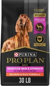 Bag of Purina Pro Plan Adult Sensitive Skin & Stomach Salmon & Rice Formula dry dog food, 30 lbs, featuring a long-haired brown dog on the front. The black and gold packaging highlights a veterinarian-recommended recipe made without corn, wheat, or soy, formulated to support digestive health and nourish skin and coat with real salmon and fish oil. While not specific to age, this formula is often considered by pet parents seeking the best senior dog food recommended by vets for dogs with sensitive systems.