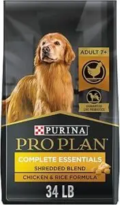 Bag of Purina Pro Plan Complete Essentials Shredded Blend Chicken & Rice Formula dry dog food, 34 lbs, featuring a golden retriever on the front. This product is labeled for adult dogs age 7+ and includes guaranteed live probiotics. A popular choice among the best senior dog food recommended by vets, combining crunchy kibble and tender shredded pieces to support aging dogs' health.