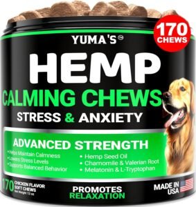 CLICK HERE. AMAZON'S CHOICE. YUMA'S Hemp Calming Chews for Dogs - Advanced Dog Calming Chews - 170 Chews - Anxiety Relief Treats - Separation Aid, Barking, Stress Relief, Thunderstorms - Melatonin - Hemp Oil - Made in USA