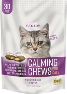 Cat Anxiety Relief 8 CLICK HERE. Sentry Calming Chews for Cats, Calming Aid Helps to Manage Stress & Anxiety, With Pheromones That May Help Curb Destructive Behavior & Separation Anxiety, Calming Health Supplement for Cats, 4 oz. Supports Cats During Stressful Situations: Whether your cat copes with stress daily or is triggered occasionally by external stressors, help your cat manage their stress levels using the Sentry Calming Chews for Cats Scientificially Proven: Working with top universities and leading pet experts in the field, Sentry Calming Chews for Cats is scientifically proven to keep your cat calm, cool, and collected in one safe and healthy chew