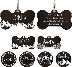 CLICK HERE. Ultra Joys Stainless Steel Pet ID Tag Dog Name Tags Personalized Front and Back Engraving, Customized Cat Tags, Optional Engraved on Both Sides, Bone Tag with Mountain Design, Large