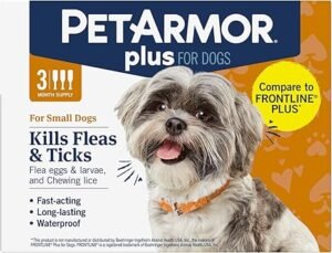 Flea & Tick Prevention For Dogs. 9 CLICK HERE. #1 BEST SELLER. PetArmor Plus Flea and Tick Prevention for Dogs, Dog Flea and Tick Treatment, 3 Doses, Waterproof Topical, Fast Acting, Small Dogs (5-22 lbs) EFFECTIVE, WATERPROOF FLEA TREATMENT FOR DOGS: PetArmor Plus is a waterproof, flea & tick topical prevention for dogs that kills fleas, flea eggs, flea larvae, ticks, and chewing lice for up to 30 days after application. TRUSTED, VET QUALITY FORMULA: Containing fipronil and (S)-methoprene, the same active ingredients as FRONTLINE Plus for Dogs. PetArmor Plus for Dogs has a powerful formula that starts to kill fleas within 24 hours. BREAK THE FLEA CYCLE: Unlike other flea and tick treatments that may temporarily suppress flea activity, PETARMOR Plus Dog Flea Treatment works by effectively breaking the flea life cycle. Kill flea eggs and larvae to prevent re-infestation. FAST ACTNG LONG-LASTING FLEA AND TICK PROTECTION: One application of PetArmor Plus lasts up to 30 days nose to tail. A 6-dose package lasts up to six months.